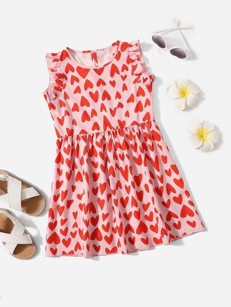 

toddler girls heart print frill trim dress she, Red;yellow
