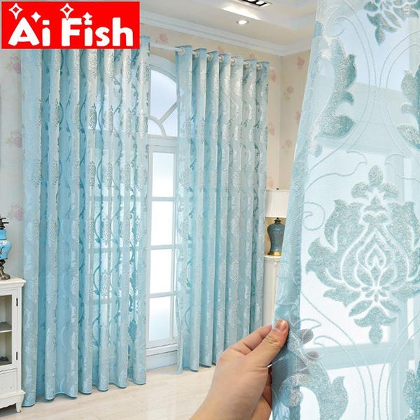 

european high-end blue flocking tulle for bedroom translucent window screen curtains for living room sheer guaze drapes my539#50