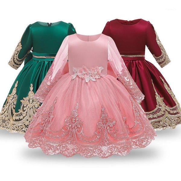 girl's dresses baby girls christmas dress elegent flower lace bow kids for girl princess long sleeve party ball gown children clothing1, Red;yellow