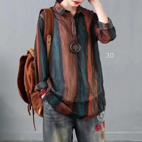 

spring thin vintage printed loose shirt long sleeved casual lapel blouses cotton linen women clothing ethnic tunic 2020, White