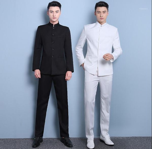

new slim men's suits single satin chinese tunic suit mens stand collar terno masculino slim mens grooms wedding suit men black1, White;black