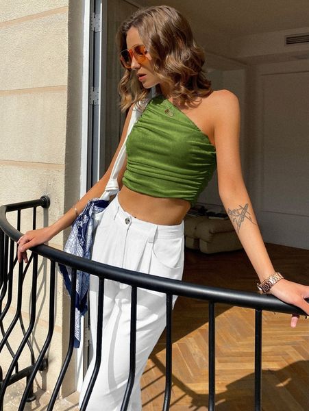 

sollinarry one shoulder ruched crop q580#, White