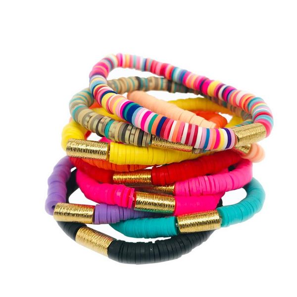 

6mm multi-colored rainbow vinyl heishi beads stretch bracelet women girl polymer clay record disc bead fiesta surf jewelry gift, Black