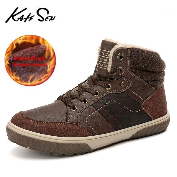 

katesen new fashion men boots waterproof ankle snow boots shoes warm fur plush slip-on winter shoes men1, Black