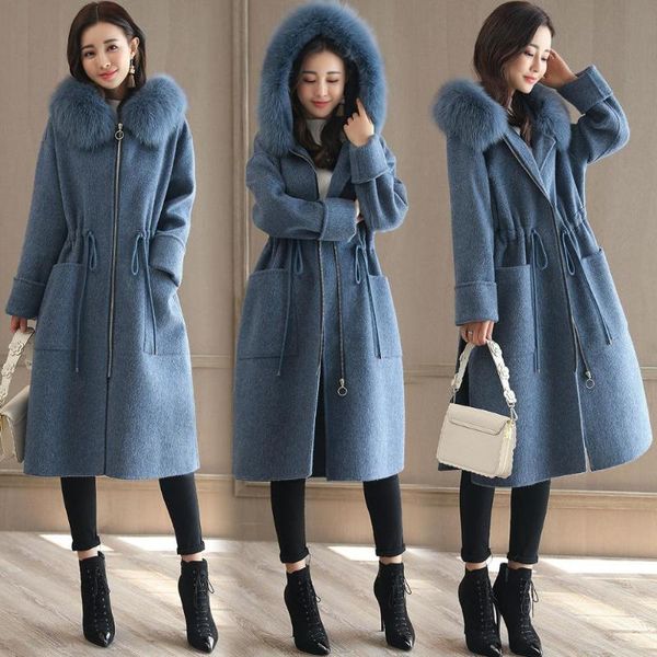 

women woolen coat long over-knee trench coat slim women zippers jacket pockets fur collar cashmere fashion elegant jacket, Tan;black