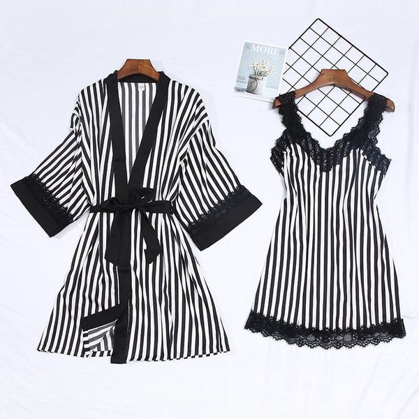 

women striped robe set lace 2pcs sleepwear satin silky nighty&robe set female casual kimono gown casual sleep home wear1, Black;red