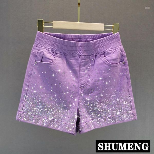 

purple jeans shorts women 2020 summer new elastic waist loose high waist candy color drilling denim shorts pants1, Blue