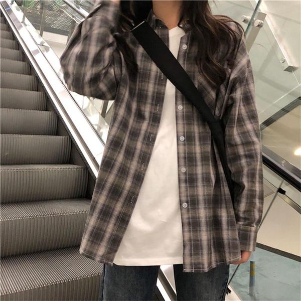 

women's blouses & shirts women shirt 2021 summer autumn plaid turn-down collar blouse loose full sleeve elegant casual female office la, White