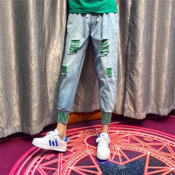 

wholesale social spirit guy summer ripped slim jeans men's trendy brand beggar loose harem pants ankle-length rib harem pants, Blue