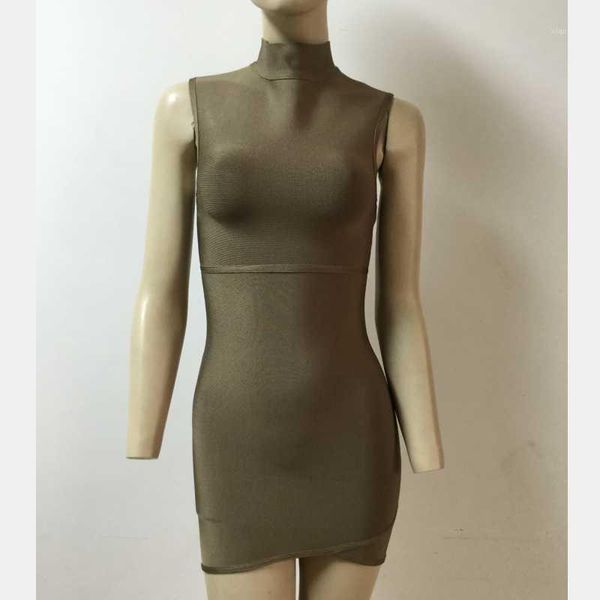 Vestidos casuais de verão moda verde azeitona sem mangas com gola alta rayon mini bodycon bandagem vestido1