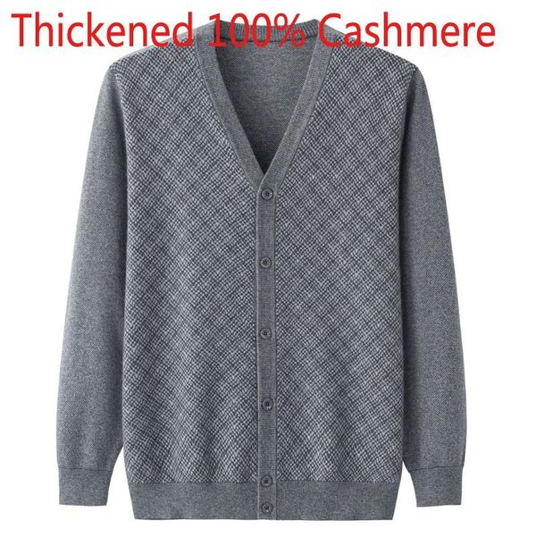 

new winter men 100%pure cashmere loose warm thickened cardigan single breasted casual v-neck computer knitted sweater size -4xl, White;black