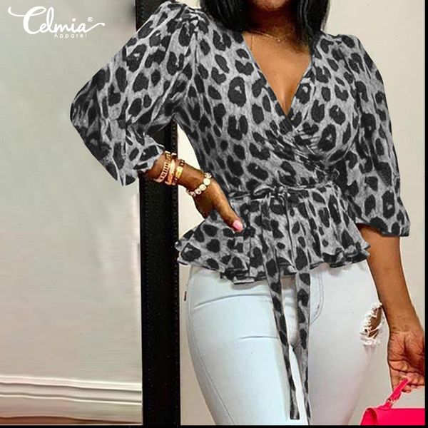 

celmia 5xl women blouses elegant office shirt deep v neck leopard print belted fashion tunic ruffles blusas femininas, White