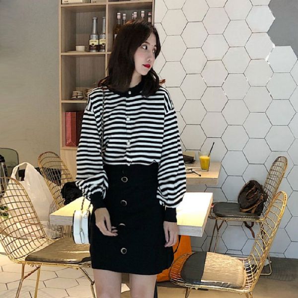 

2021 new korean style knitting women's suit impression pullover stripe sweater+ knitted sweater sweet female skirt of two pieces thmc, Gray