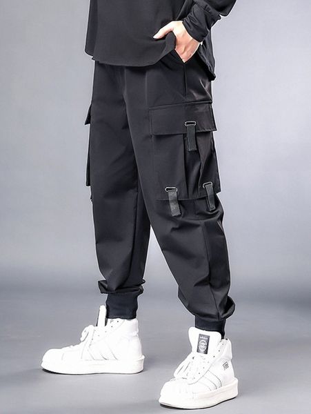 

men tape panel flap pocket cargo pants 17cy#, Black