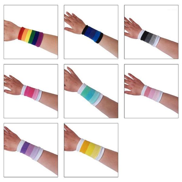 

1 pair sport wrist protector sweatband gradient rainbow stripes running badminton tennis workout knitted bracelet1, Black;red