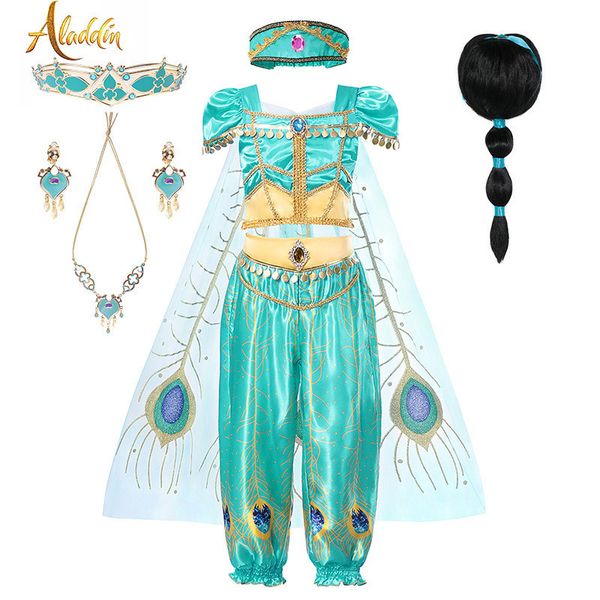 

4pcs princess clothing set for girl jasmine pants headband tulle cape kid aladdin cosplay party dress up belly dance clothes 201126, White