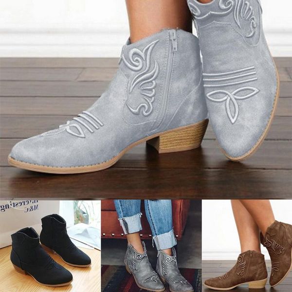 

women ankle boots shoes ladies pu leather mid heel paisley zipper 2020 female autumn fashion plus size boots new, Black