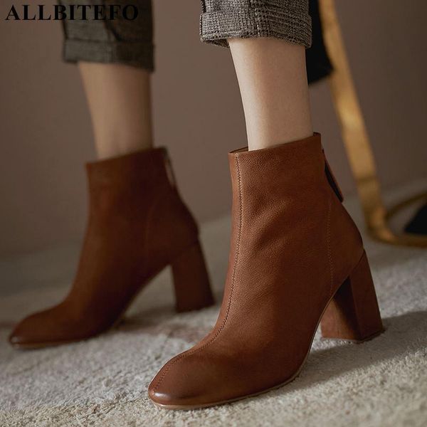 

boots allbitefo large size:34-42 genuine letaher thick heels ankle for women brand high autumn, Black