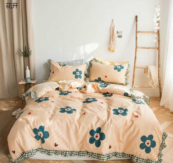 

korean 100%cotton bedding set large lotus leaf gray bedspread embroidered lace set bowknot luxury princess printed quilt cover