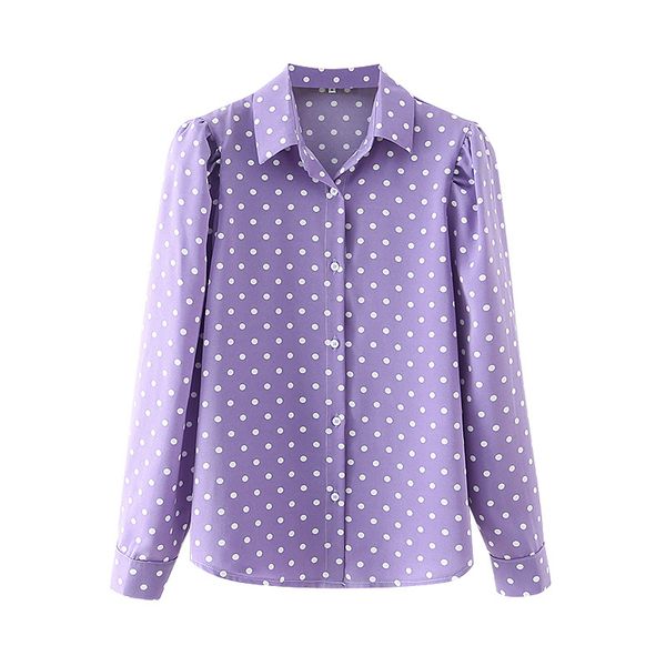 

2021 new elegant women light purple dot shirts fashion ladies puff sleeve sweet female down collar blouses, White