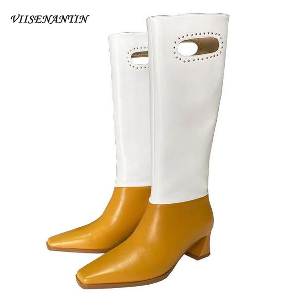 

women's boots for fall/winter 2021new all-match square toe thick heel color matching tall knight fashion boots zapatos de mujer, Black