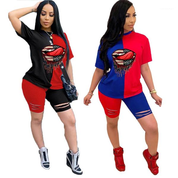 

ladies sports casual sleeve fashion short o-neck woman two tracksuits lips designer holes casual summer sets patchwork pieces outfits lkhrx, Black