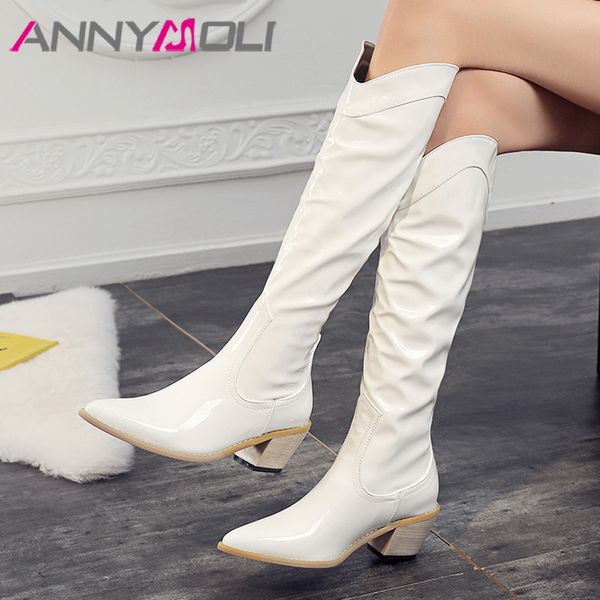 

boots annymoli pointed toe knee high woman heel western block long pleated female shoes white red size 46, Black