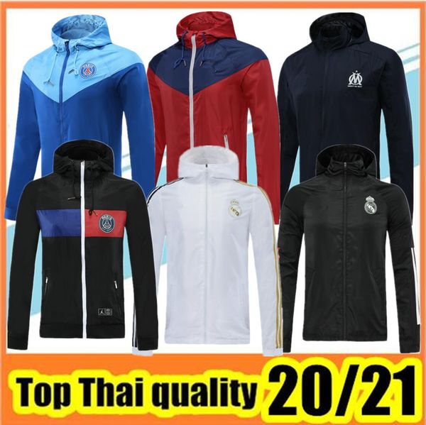

20/21 full zipper hooded windbreaker 2020-2021 real madrid soccer windbreaker marseille football jacket sportswear, Black