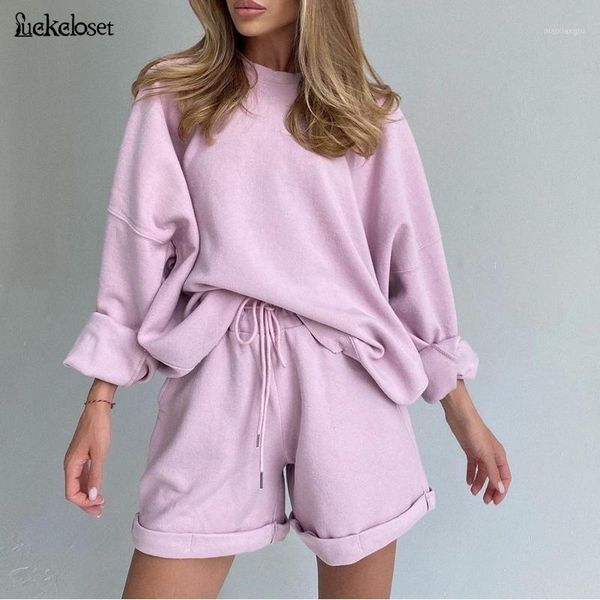 

casual basic women's two pieces set long sleeve loose shirt and skinny shorts set streetwear solid color drawstring matching1, Gray