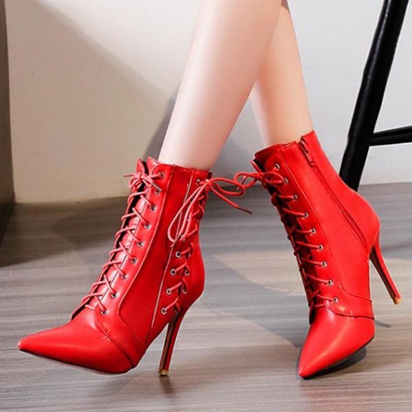 

boots women knee high red winter ankle pointed toe slim heels lace-on shoes botas mujer#4, Black