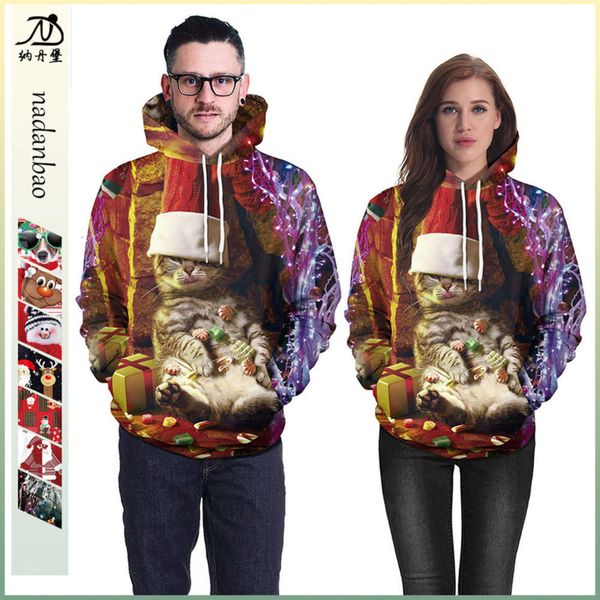 

selling cartoon cat 3d printing long sve hooded couple's sweater, Gray