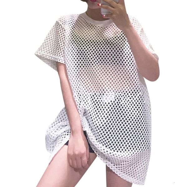 

women's casual mesh hollow out fashion t-shirt o-neck knitted see through fishnet new, White
