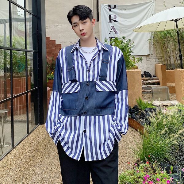 

2020 splice man denim strip long sleeve male streetwear hip shirt m0q1, White;black