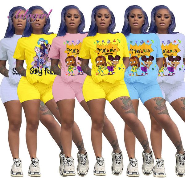 

women biker two piece set casual cartoon letter print crop t-shirt shorts pants suit joggers matching set sport tracksuit t200702, White