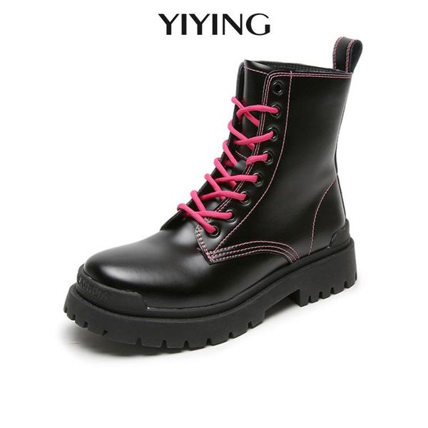 

designer lace up platform boots women 2020 genuine leather ankle boots for women chunky heels booties shoes woman, Black