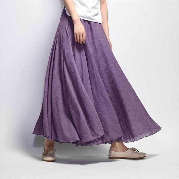 

cotton linen long skirt women 2018 summer candy color pleated a line big circle faldas vintage elastic waist beach maxi skirt, Black