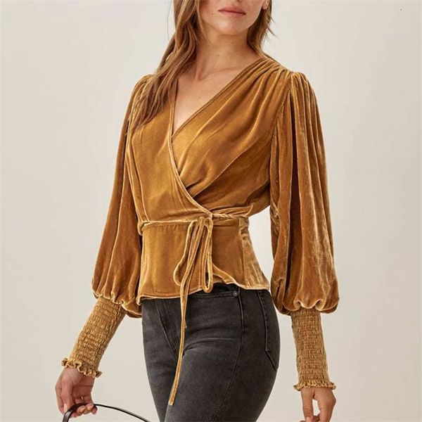 

new streetwear women yellow veet lantern sleeve shirts 2021 fashion ladies v-neck cross causal female chic sashes blouses imve, White
