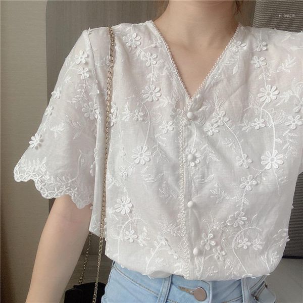 

2020 summer white blouses women short-sleeved v-neck shirts1