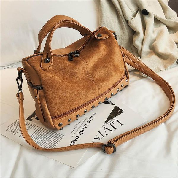 

nubuck кожаные ручные сумки женские верхние ручки сумки заклепки большие женщины на плече дамы мотоцикл винтажный пакет