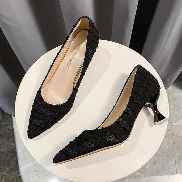 

2020 high heels shallow mouth concise work shoes canvas womens pumps wild female single fashion pointed shoes u14-78, Black
