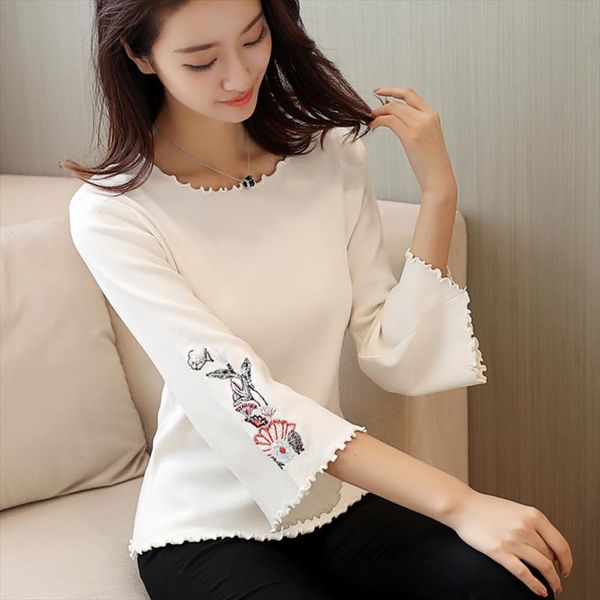 

2020 new autumn knitted sweater flare sleeve embroidery short pullover women o neck loose jumper casual knitwear pull femme, White;black