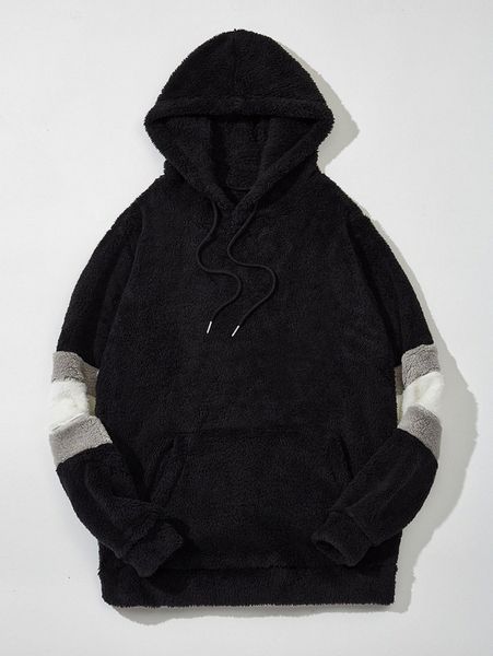 

men striped drawstring pocket flannel hoodie q2gv#, Black