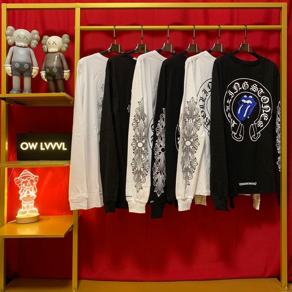 

ch crosin long sleeve silver horseshoe cross sanskrit print autumn winter men's and women's fashion brand loose thin bottomed shir, White