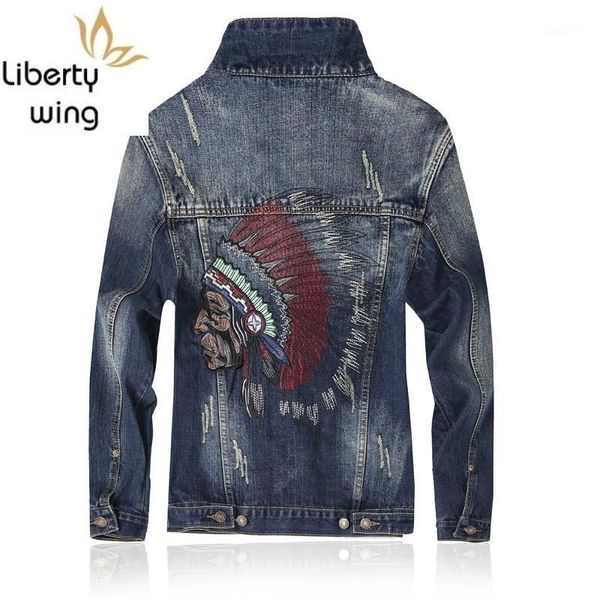 

fashion embroidery men's denim single breasted vintage hole washed jean jacket mens clothing suit veste homme1, Black;brown