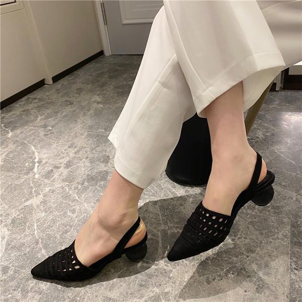 

2021 summer women sandals pointed toe hollow shoes round high heels back strap sandals pumps elegant dress pumps size 35-40, Black