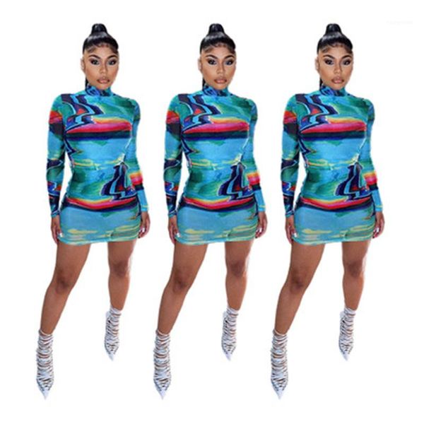 

trend round neck long sleeve short skirt designer famele new casual slim bodycon dresses women graffiti pattern dress fashion, Black;gray