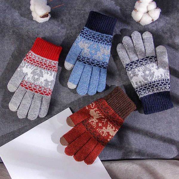 

winter women knitted deer fashion full finger mittens female soft christmas pattern touch screen knit gloves, Blue;gray