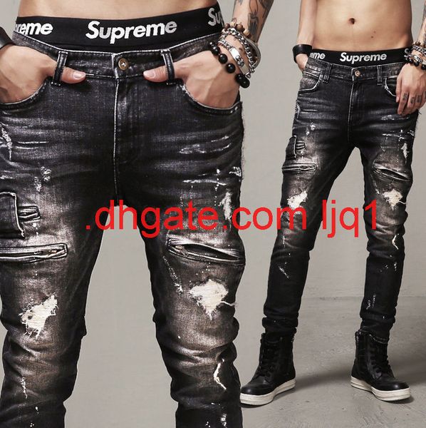 

2019 new street fashion brand stretch slim straight men's locomotive jeans pure black wear pants, Blue