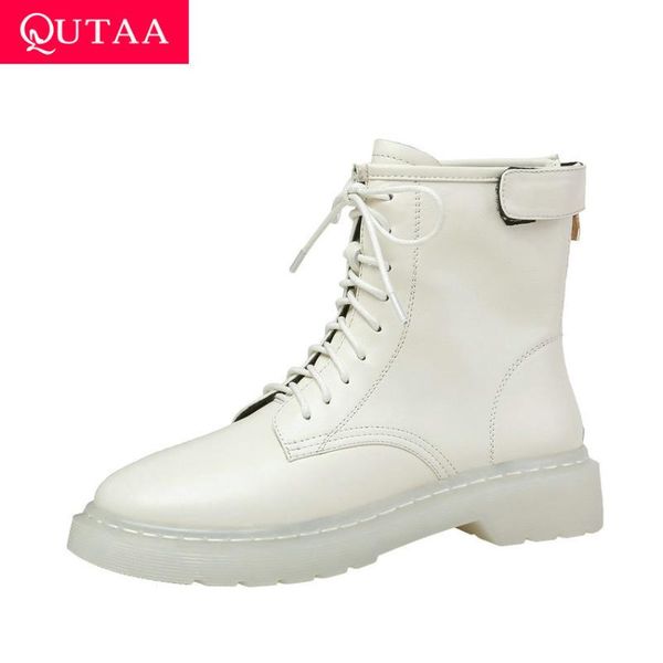 

boots qutaa 2021 autumn winter cow leather ankle lace up zipper short square heel round toe casual women shoes size 34-42, Black