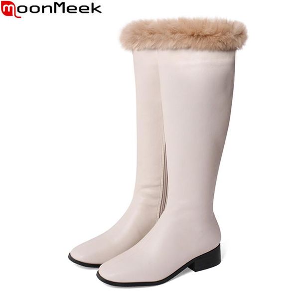 

moonmeek 2020 winter women boots med heels square toe keep warm knee high boots ladies shoes rice white, Black